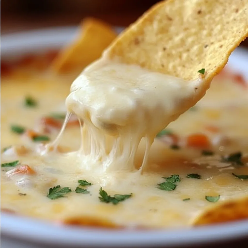 A bowl of creamy Mexican restaurant-style cheese dip garnished with fresh cilantro, served with tortilla chips on a rustic table.