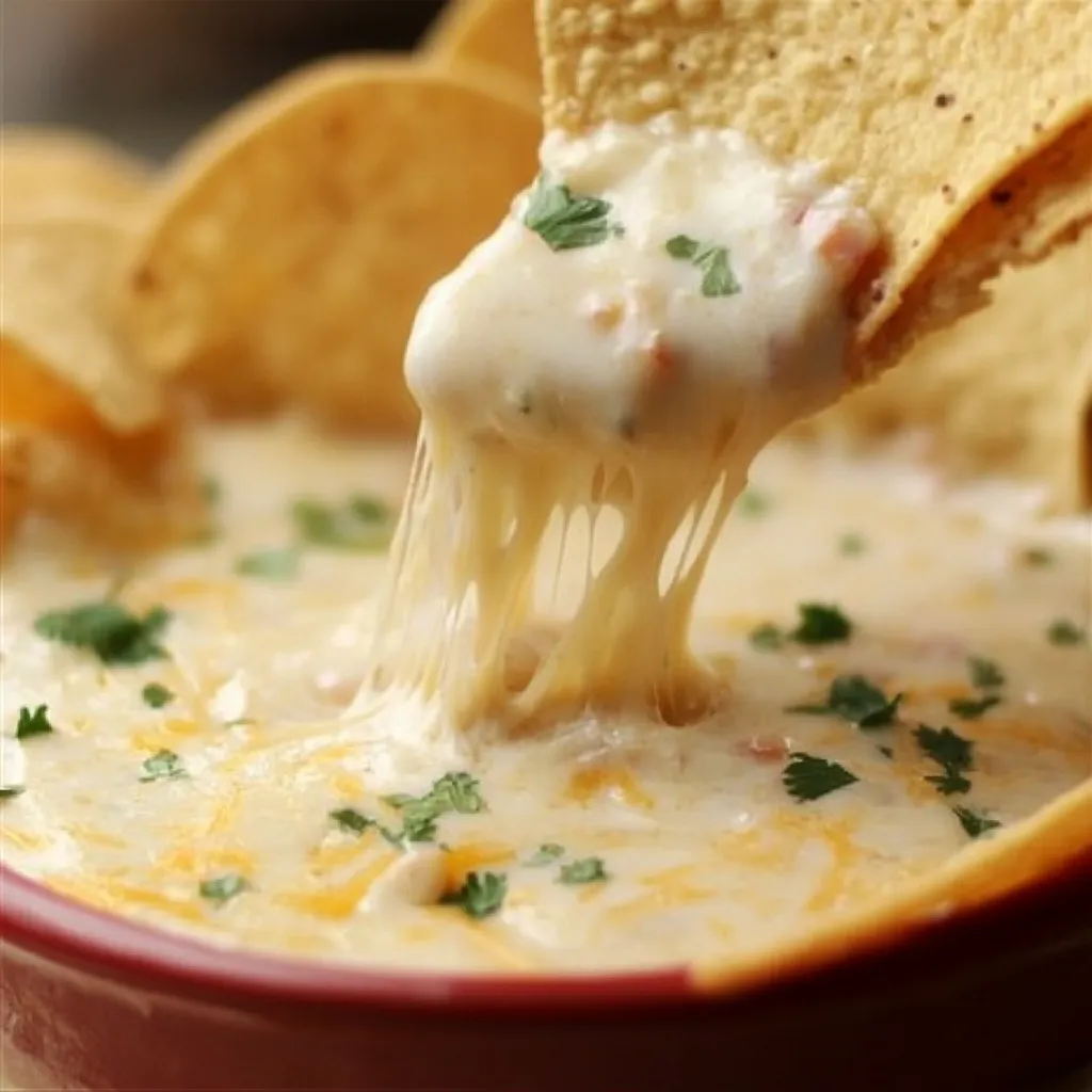 A bowl of creamy Mexican restaurant-style cheese dip garnished with fresh cilantro, served with tortilla chips on a rustic table.