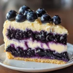 A slice of Nova Scotia Blueberry Cream Cake topped with fresh blueberries and whipped cream, served on a white plate.