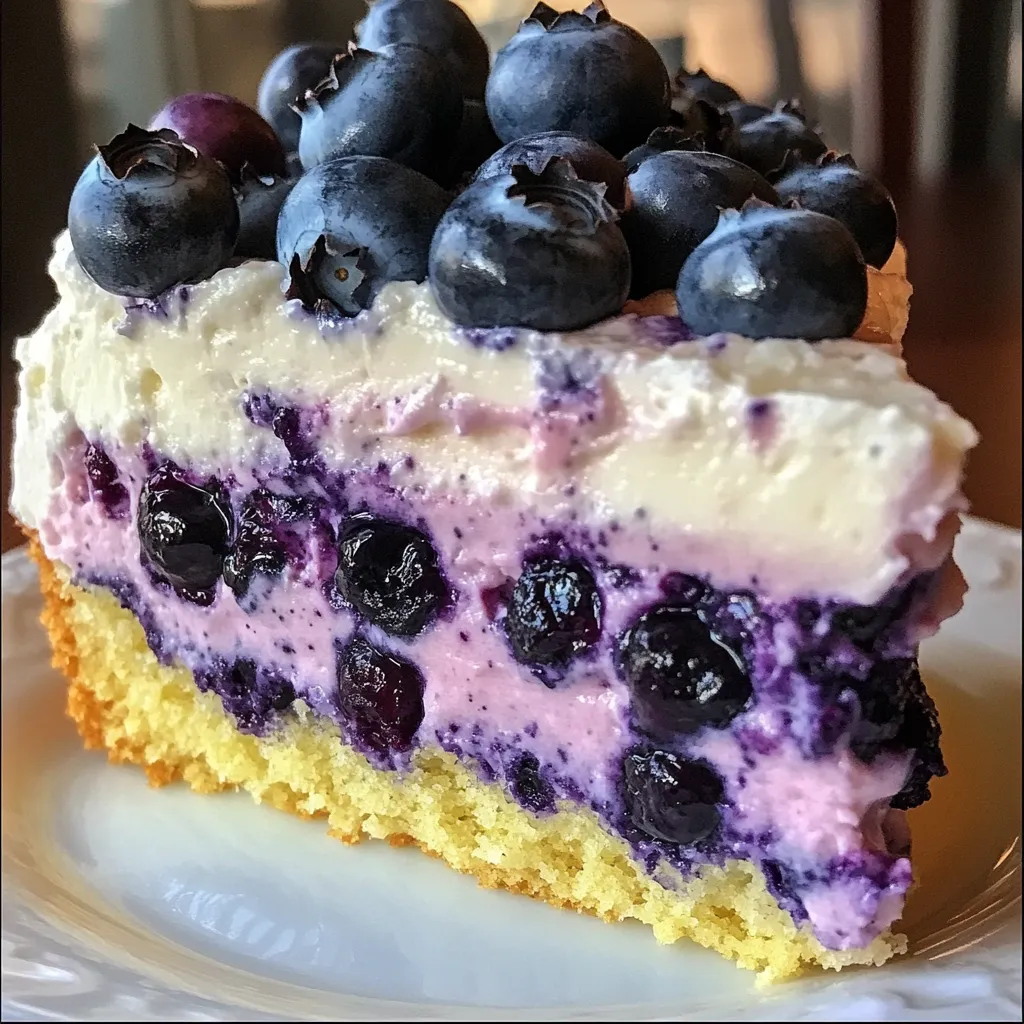 A slice of Nova Scotia Blueberry Cream Cake topped with fresh blueberries and whipped cream, served on a white plate.