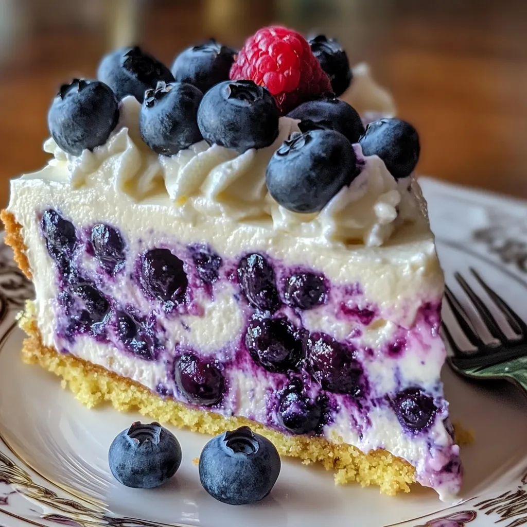 A slice of Nova Scotia Blueberry Cream Cake topped with fresh blueberries and whipped cream, served on a white plate.