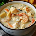 A bowl of Nova Scotia Seafood Chowder filled with shrimp, scallops, white fish, and potatoes in a creamy broth, garnished with parsley.