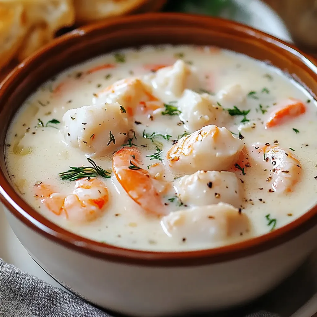 A bowl of Nova Scotia Seafood Chowder filled with shrimp, scallops, white fish, and potatoes in a creamy broth, garnished with parsley.