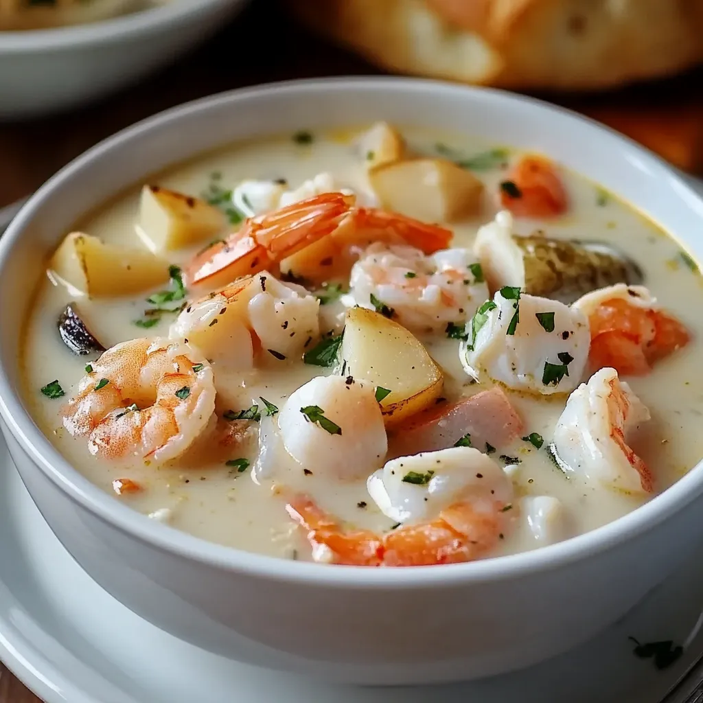 A bowl of Nova Scotia Seafood Chowder filled with shrimp, scallops, white fish, and potatoes in a creamy broth, garnished with parsley.