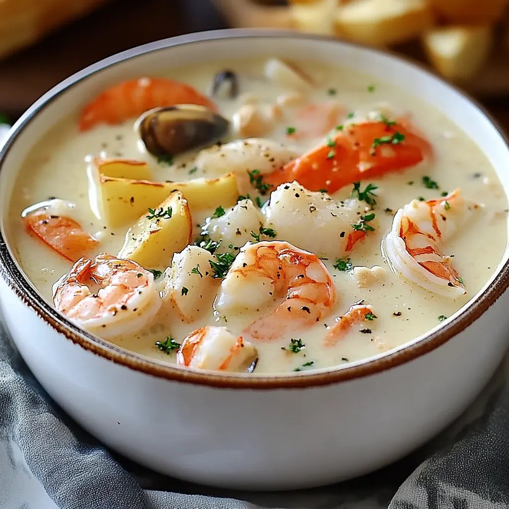 A bowl of Nova Scotia Seafood Chowder filled with shrimp, scallops, white fish, and potatoes in a creamy broth, garnished with parsley.