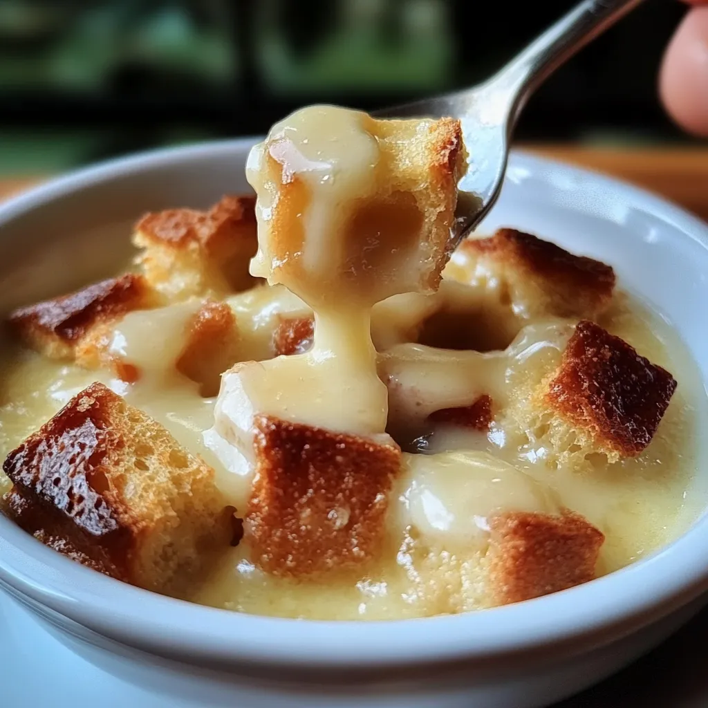 A slice of old-fashioned bread pudding topped with golden vanilla sauce on a white plate.