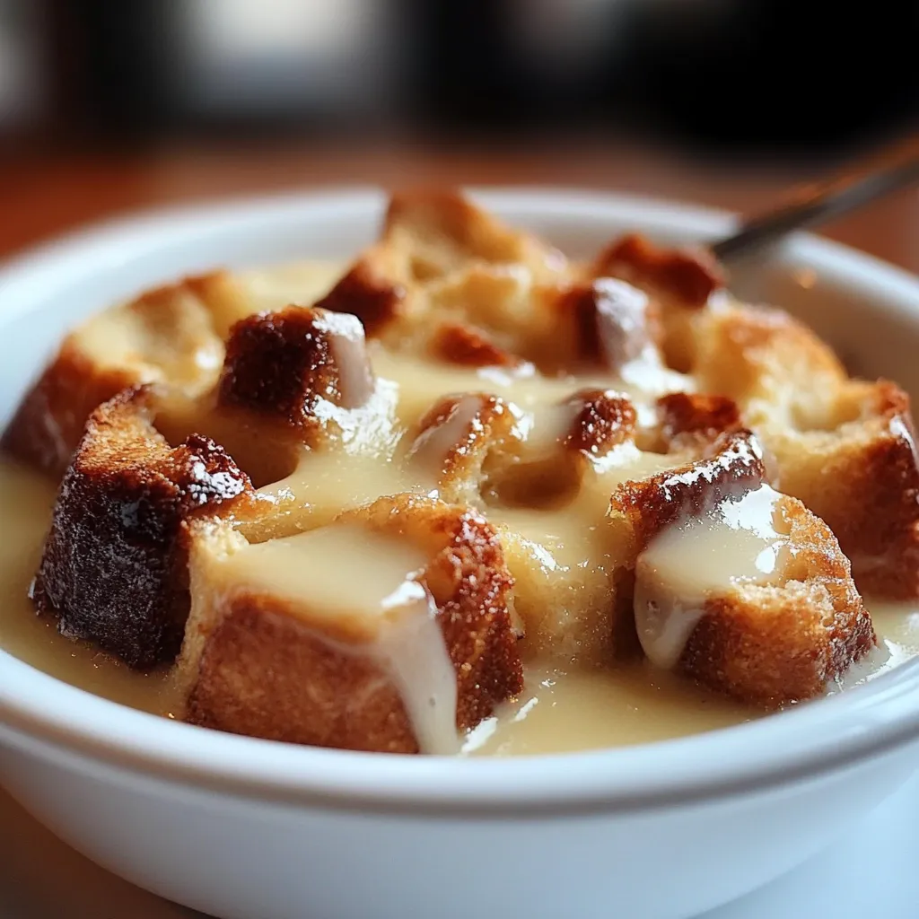 A slice of old-fashioned bread pudding topped with golden vanilla sauce on a white plate.