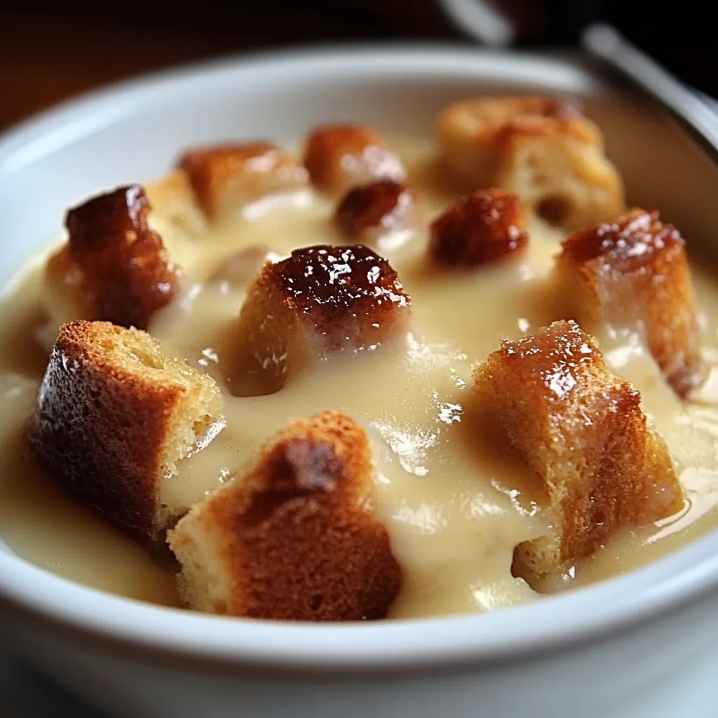 A slice of old-fashioned bread pudding topped with golden vanilla sauce on a white plate.