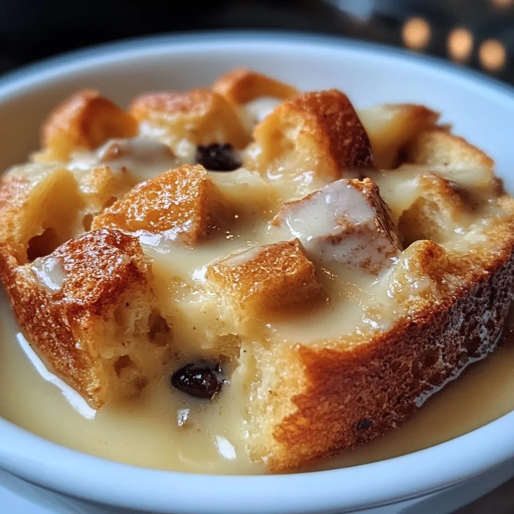 A slice of old-fashioned bread pudding topped with golden vanilla sauce on a white plate.