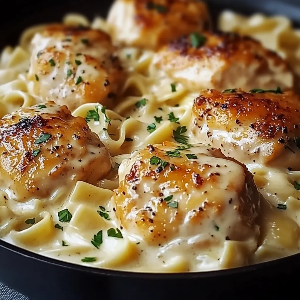 One-Pan Chicken with Creamy Buttered Noodles served in a skillet, garnished with parsley and grated Parmesan cheese.