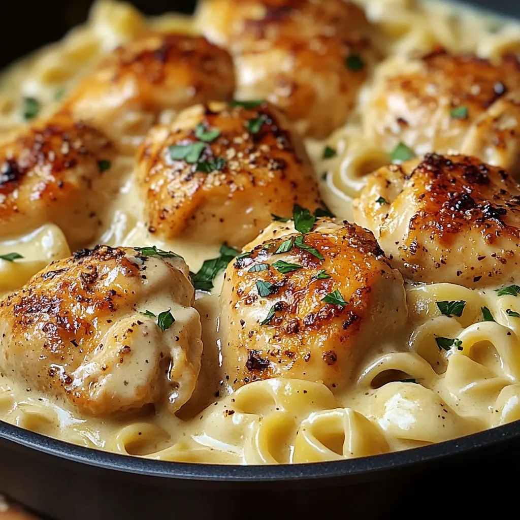 One-Pan Chicken with Creamy Buttered Noodles served in a skillet, garnished with parsley and grated Parmesan cheese.