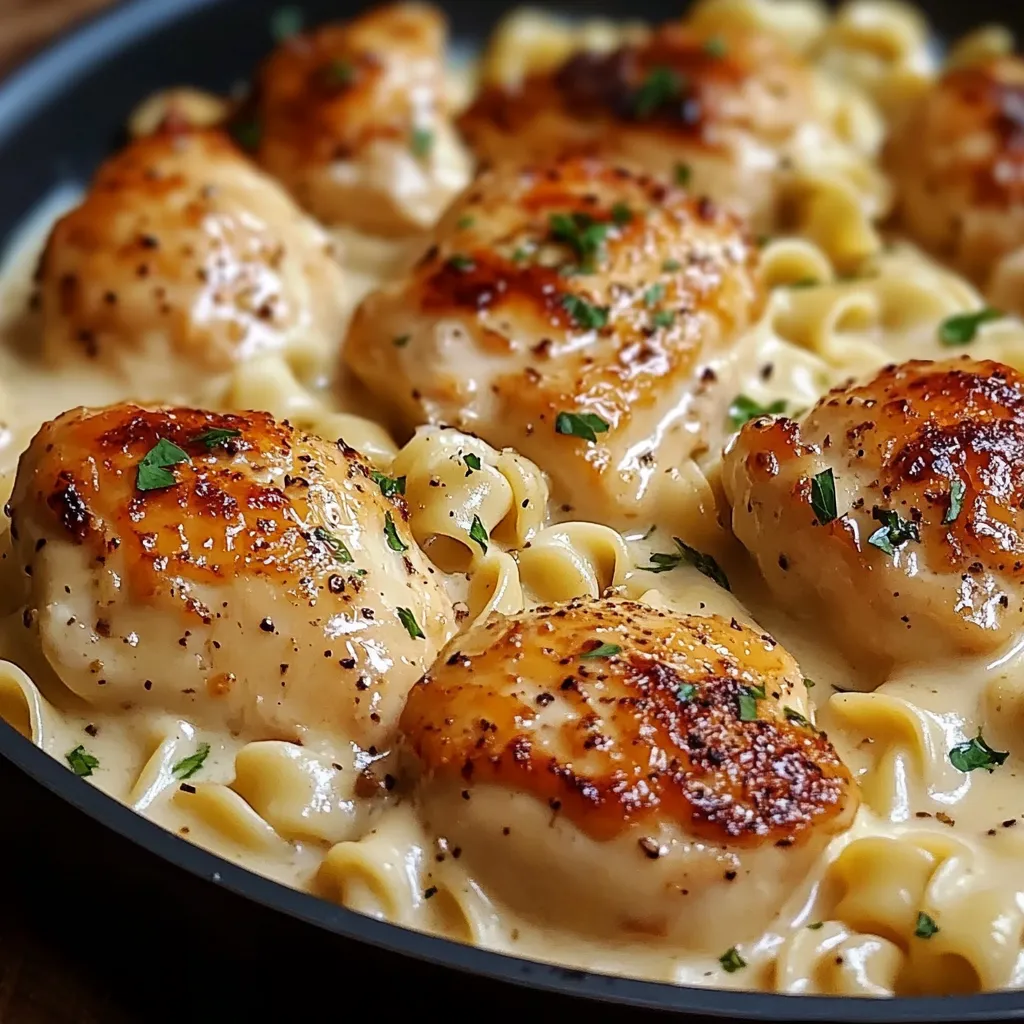 One-Pan Chicken with Creamy Buttered Noodles served in a skillet, garnished with parsley and grated Parmesan cheese.