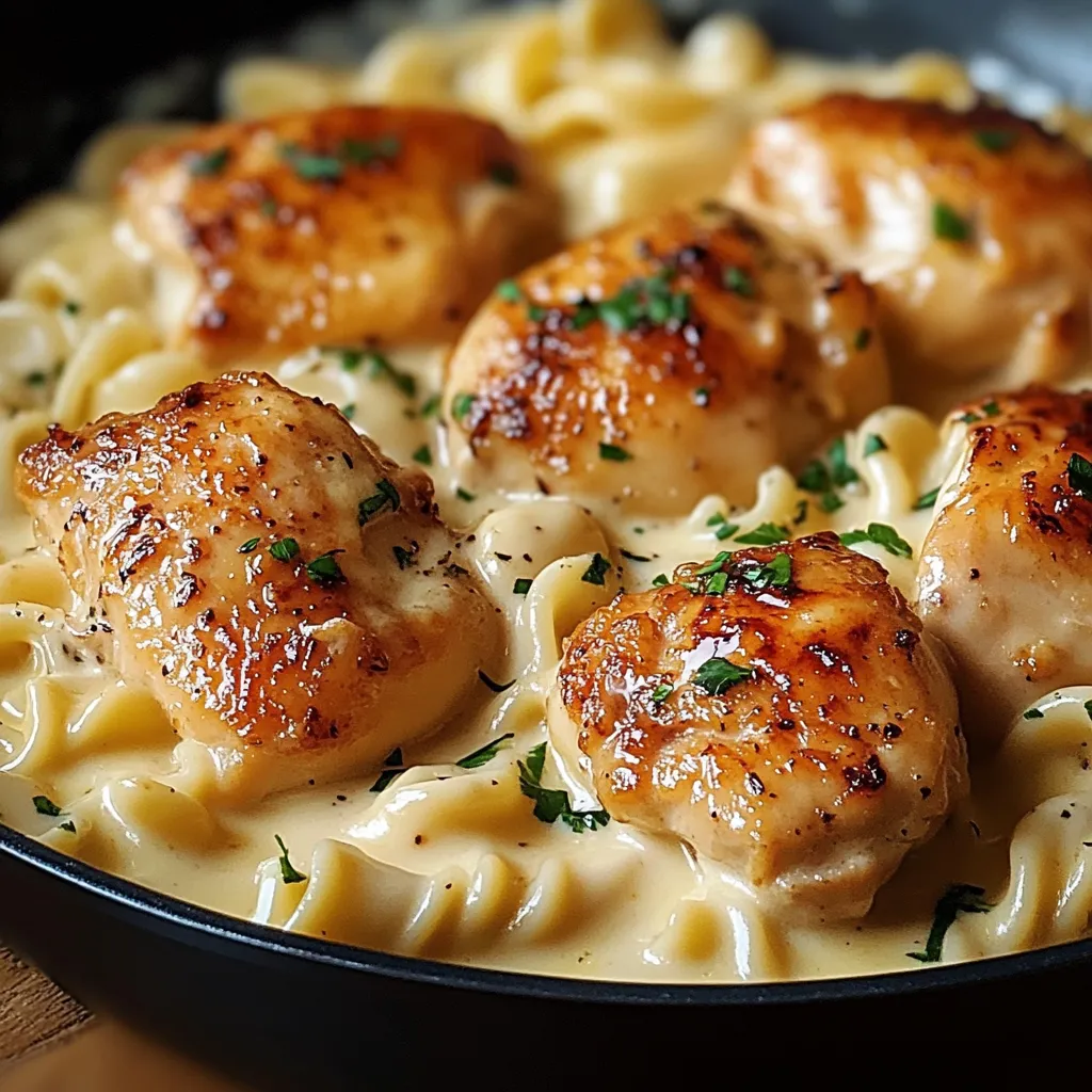 One-Pan Chicken with Creamy Buttered Noodles served in a skillet, garnished with parsley and grated Parmesan cheese.