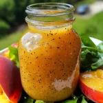 A jar of Peach Honey Dijon Balsamic Vinaigrette with fresh peaches, a drizzle of honey, and a small bowl of Dijon mustard on a wooden table.