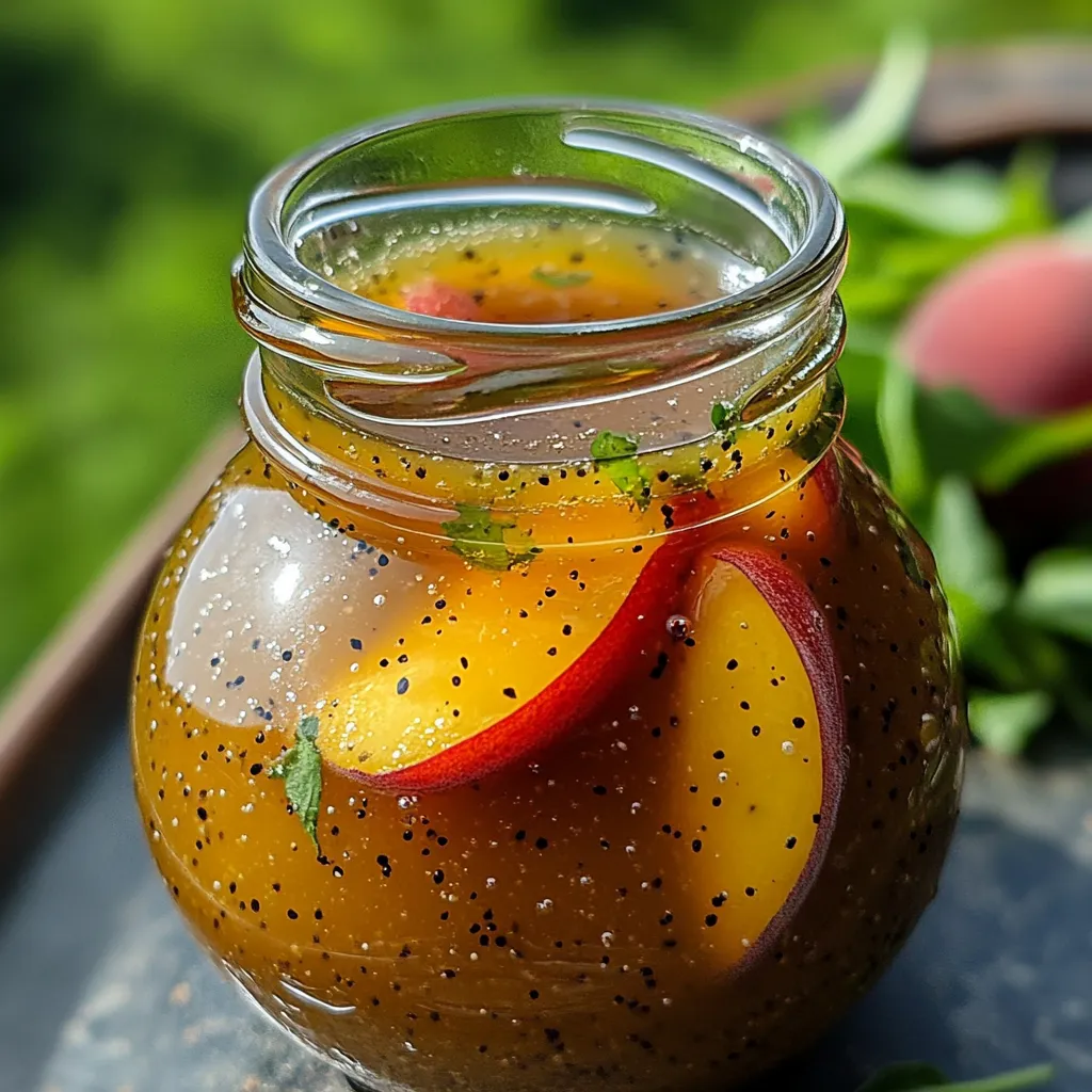 A jar of Peach Honey Dijon Balsamic Vinaigrette with fresh peaches, a drizzle of honey, and a small bowl of Dijon mustard on a wooden table.