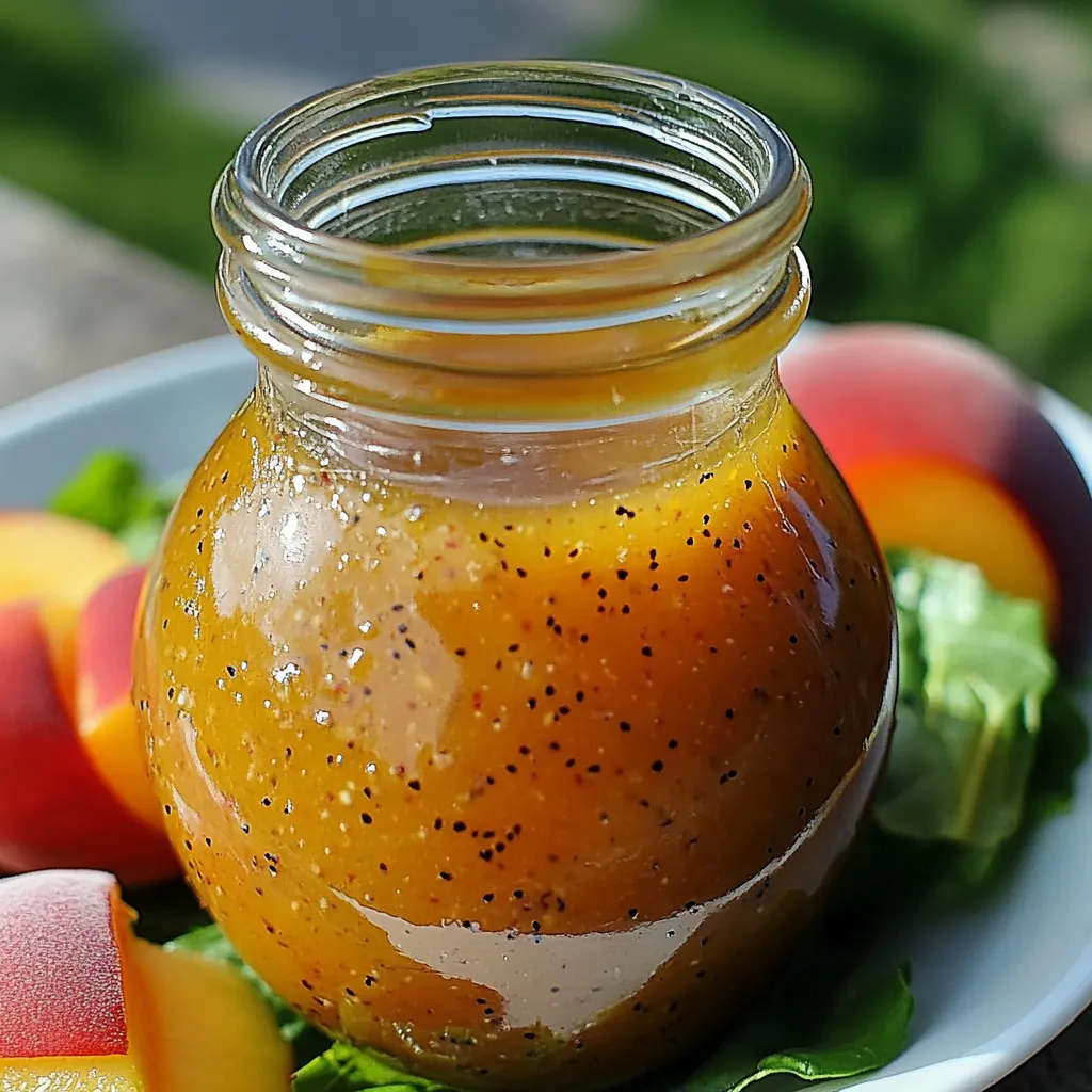 A jar of Peach Honey Dijon Balsamic Vinaigrette with fresh peaches, a drizzle of honey, and a small bowl of Dijon mustard on a wooden table.