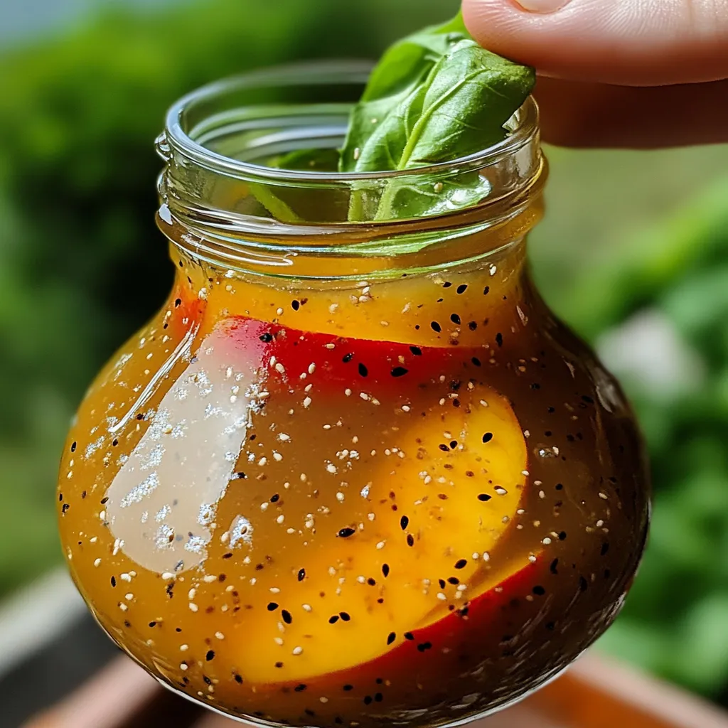 A jar of Peach Honey Dijon Balsamic Vinaigrette with fresh peaches, a drizzle of honey, and a small bowl of Dijon mustard on a wooden table.