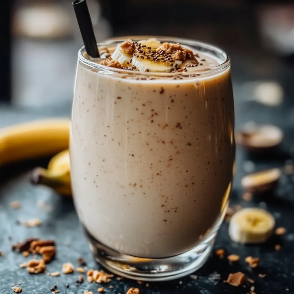 A glass of peanut butter banana smoothie with a peanut drizzle on top.