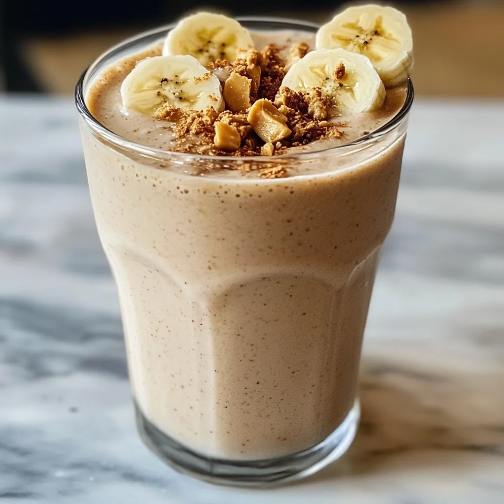 A glass of peanut butter banana smoothie with a peanut drizzle on top.