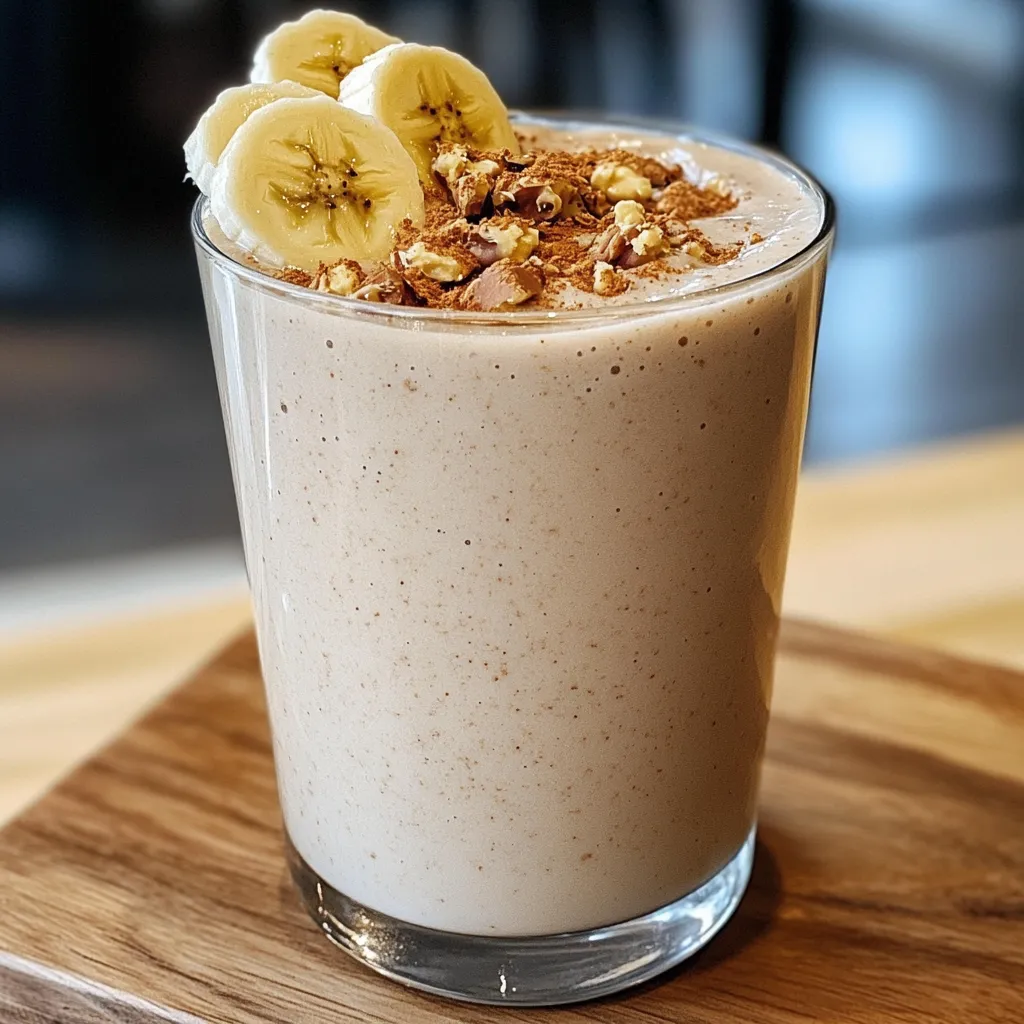 A glass of peanut butter banana smoothie with a peanut drizzle on top.