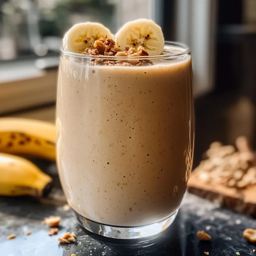 A glass of peanut butter banana smoothie with a peanut drizzle on top.