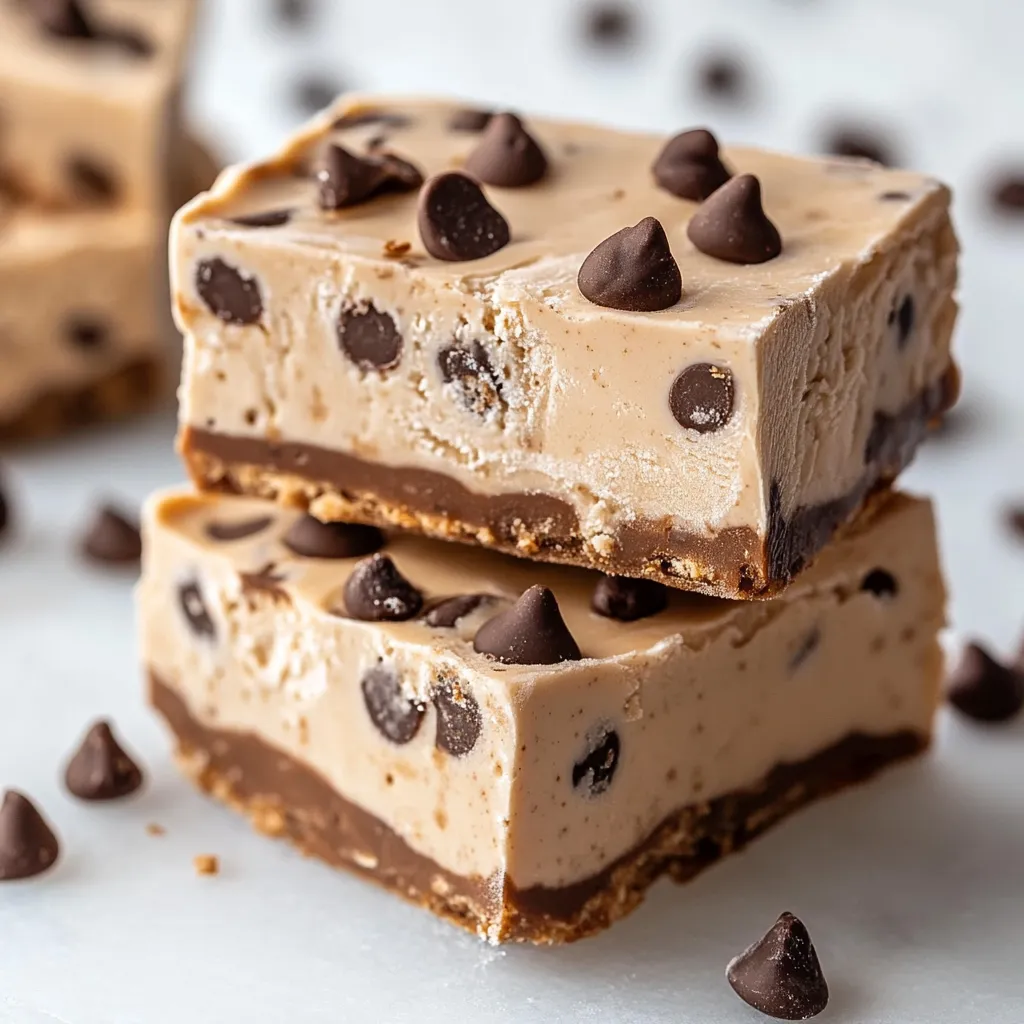 Peanut Butter Frozen Yogurt Bars topped with granola and chocolate chips, served on a wooden board.