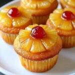 Moist pineapple upside-down cupcakes with caramelized pineapple and maraschino cherries on top.