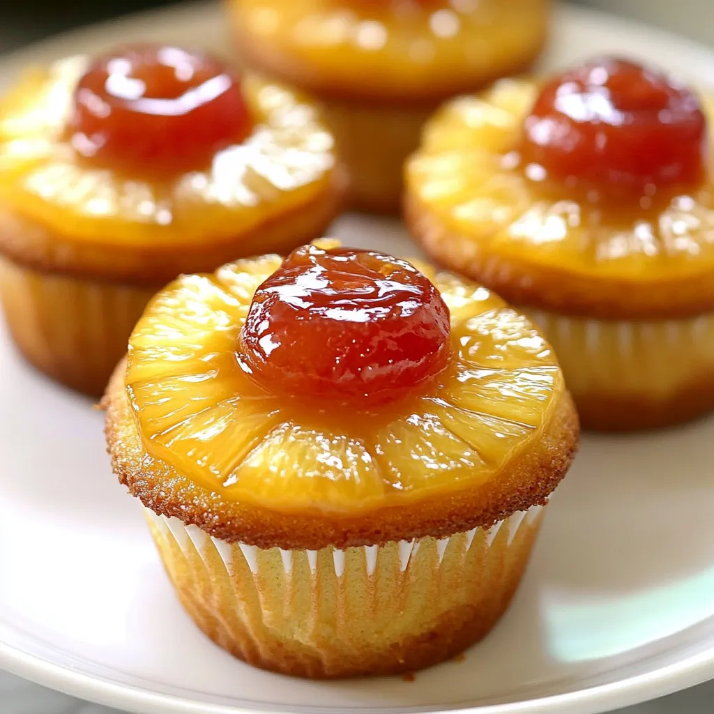 Moist pineapple upside-down cupcakes with caramelized pineapple and maraschino cherries on top.