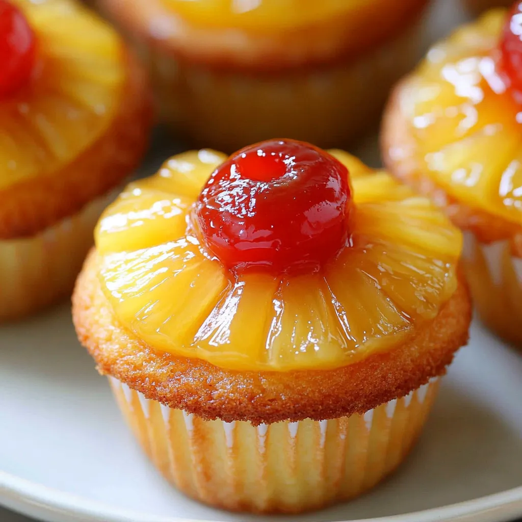 Moist pineapple upside-down cupcakes with caramelized pineapple and maraschino cherries on top.