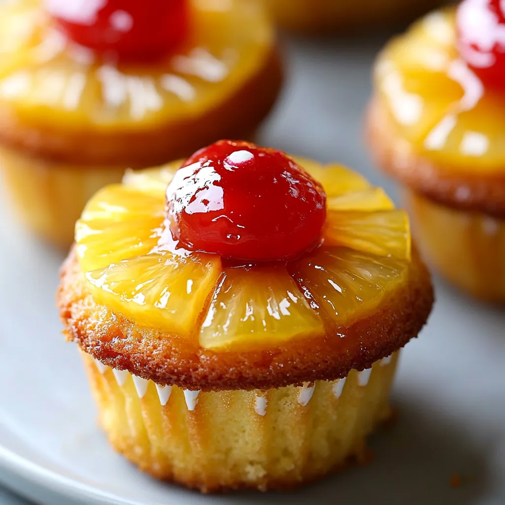 Moist pineapple upside-down cupcakes with caramelized pineapple and maraschino cherries on top.