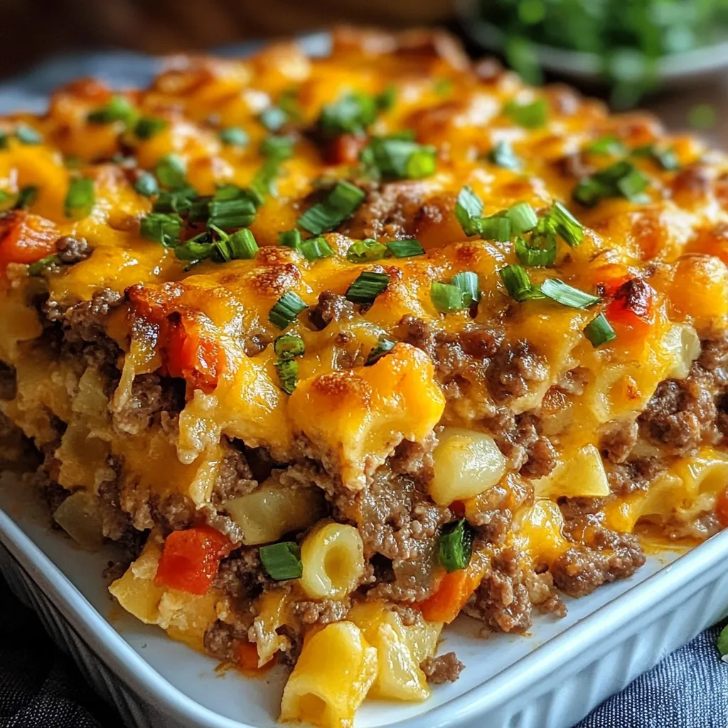 A freshly baked Poor Man’s Husband Casserole in a white baking dish, topped with golden, buttery cracker crumbs and bubbling melted cheese.