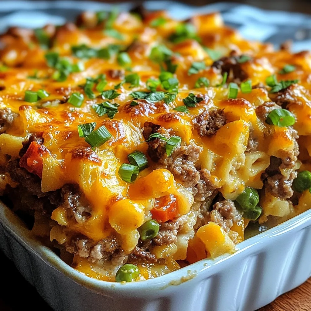 A freshly baked Poor Man’s Husband Casserole in a white baking dish, topped with golden, buttery cracker crumbs and bubbling melted cheese.