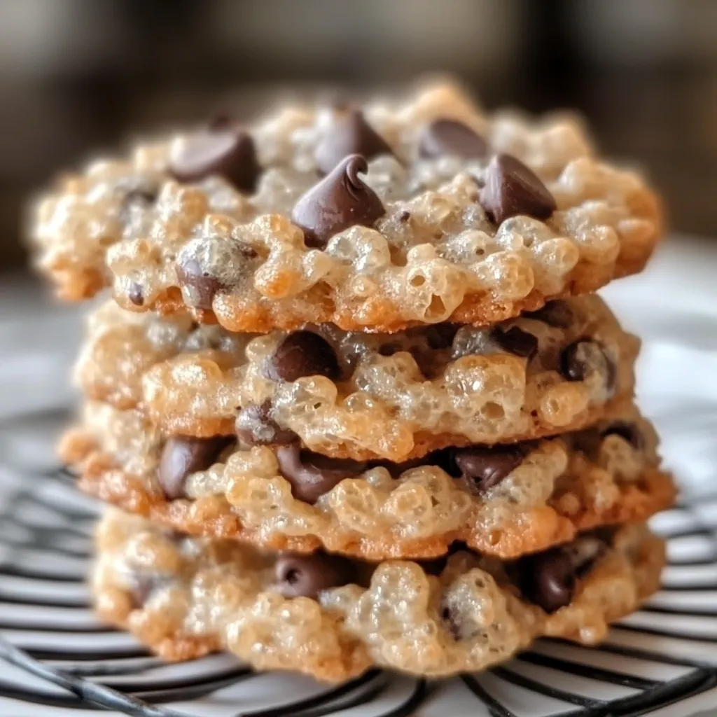 Freshly baked Rice Krispie Chocolate Chip Cookies cooling on a wire rack, showcasing their golden edges, chocolate chips, and crispy texture.