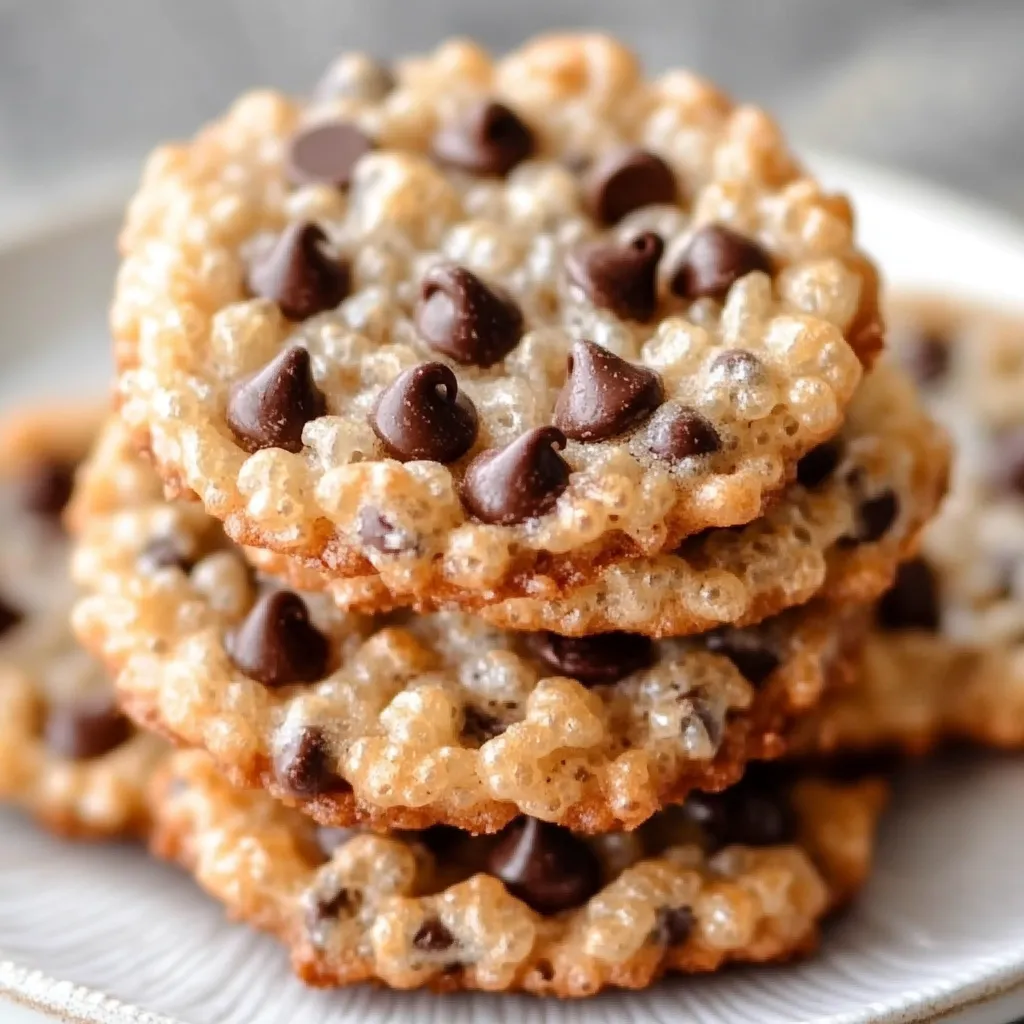 Freshly baked Rice Krispie Chocolate Chip Cookies cooling on a wire rack, showcasing their golden edges, chocolate chips, and crispy texture.