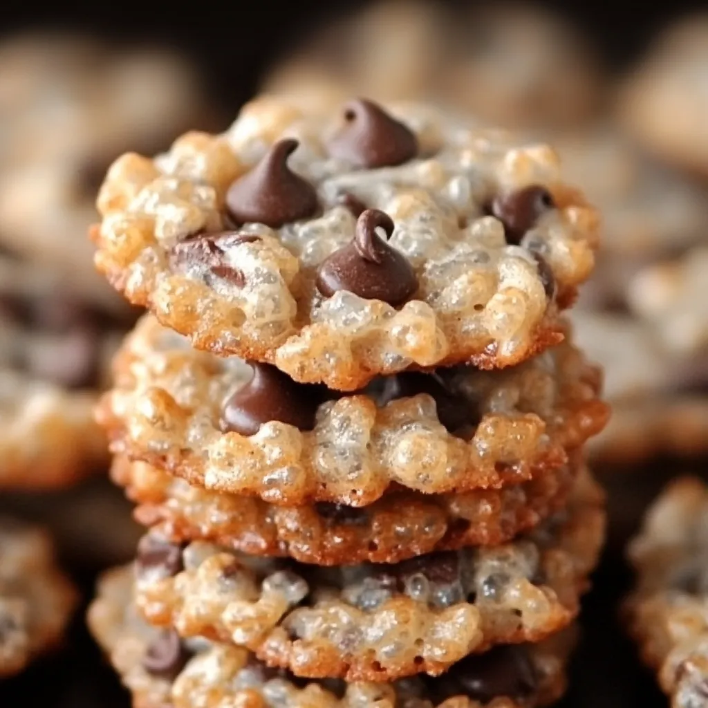 Freshly baked Rice Krispie Chocolate Chip Cookies cooling on a wire rack, showcasing their golden edges, chocolate chips, and crispy texture.