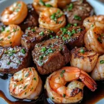 A plate of savory steak bites and shrimp in butter soy glaze, garnished with green onions and sesame seeds, served over a bed of rice.