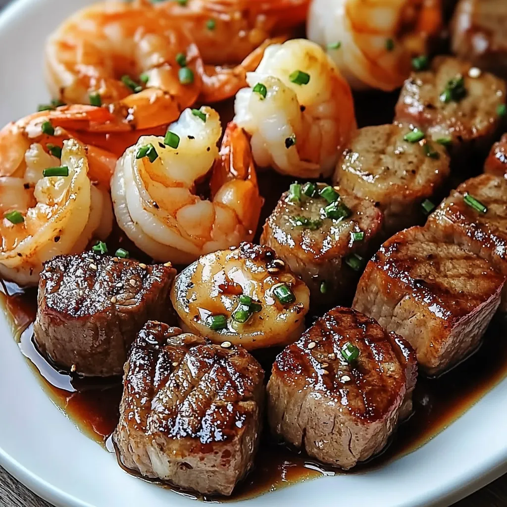 A plate of savory steak bites and shrimp in butter soy glaze, garnished with green onions and sesame seeds, served over a bed of rice.