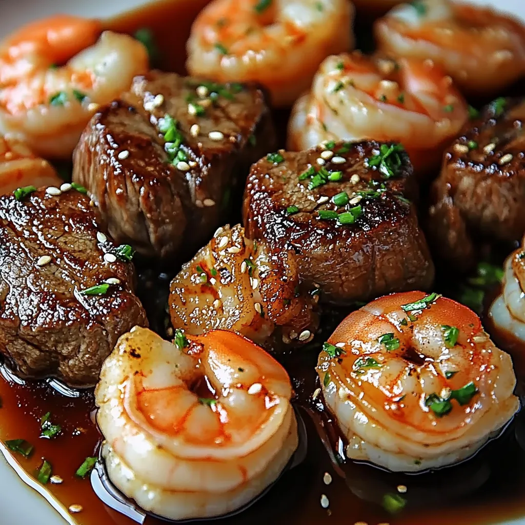 A plate of savory steak bites and shrimp in butter soy glaze, garnished with green onions and sesame seeds, served over a bed of rice.