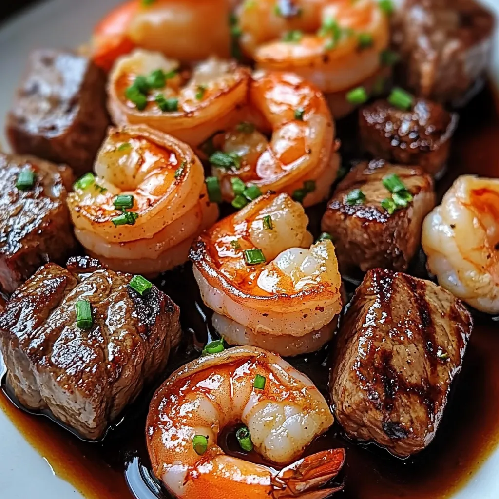 A plate of savory steak bites and shrimp in butter soy glaze, garnished with green onions and sesame seeds, served over a bed of rice.