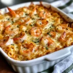 Cheesy Shrimp Scampi Pasta Bake with golden, bubbly mozzarella and fresh parsley, served in a baking dish.