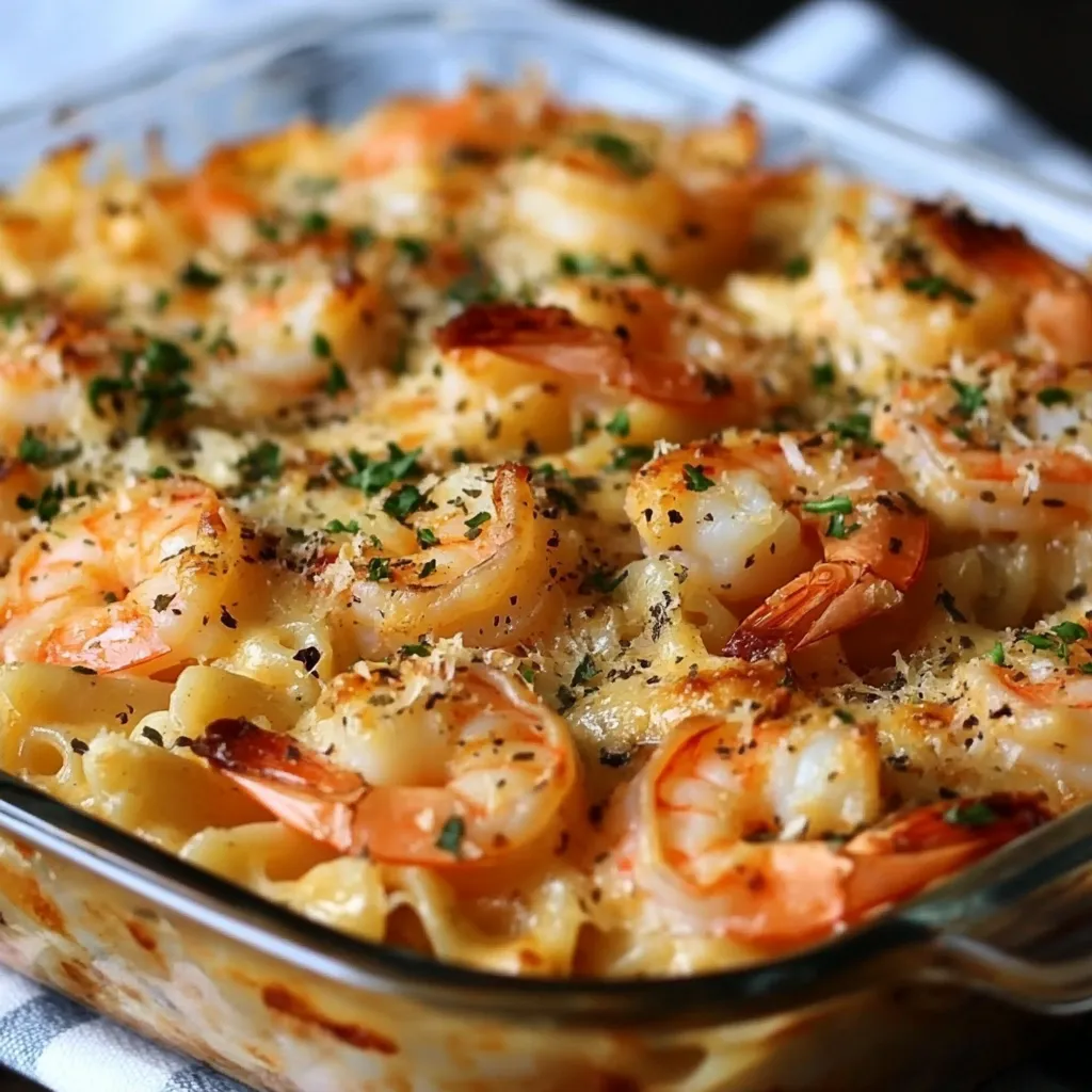 Cheesy Shrimp Scampi Pasta Bake with golden, bubbly mozzarella and fresh parsley, served in a baking dish.