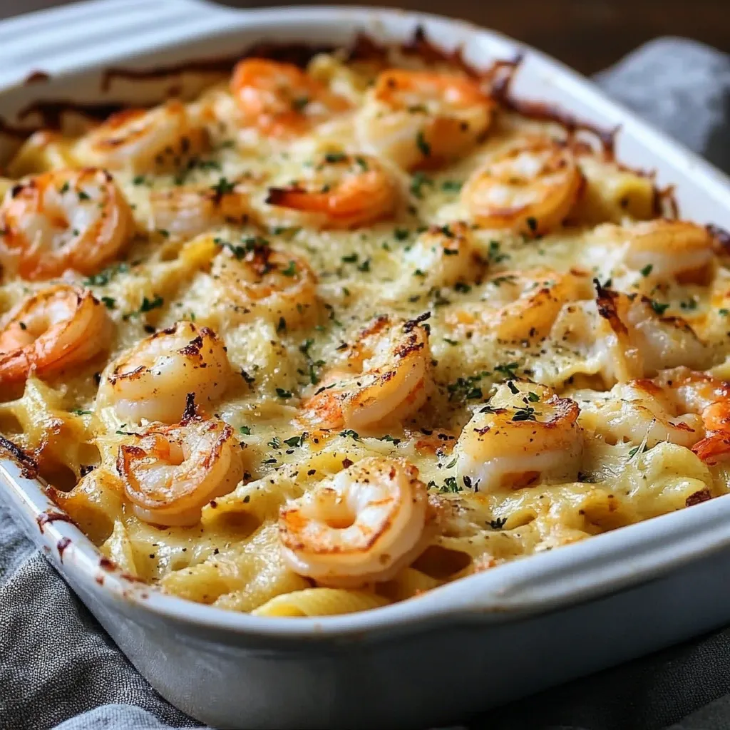 Cheesy Shrimp Scampi Pasta Bake with golden, bubbly mozzarella and fresh parsley, served in a baking dish.