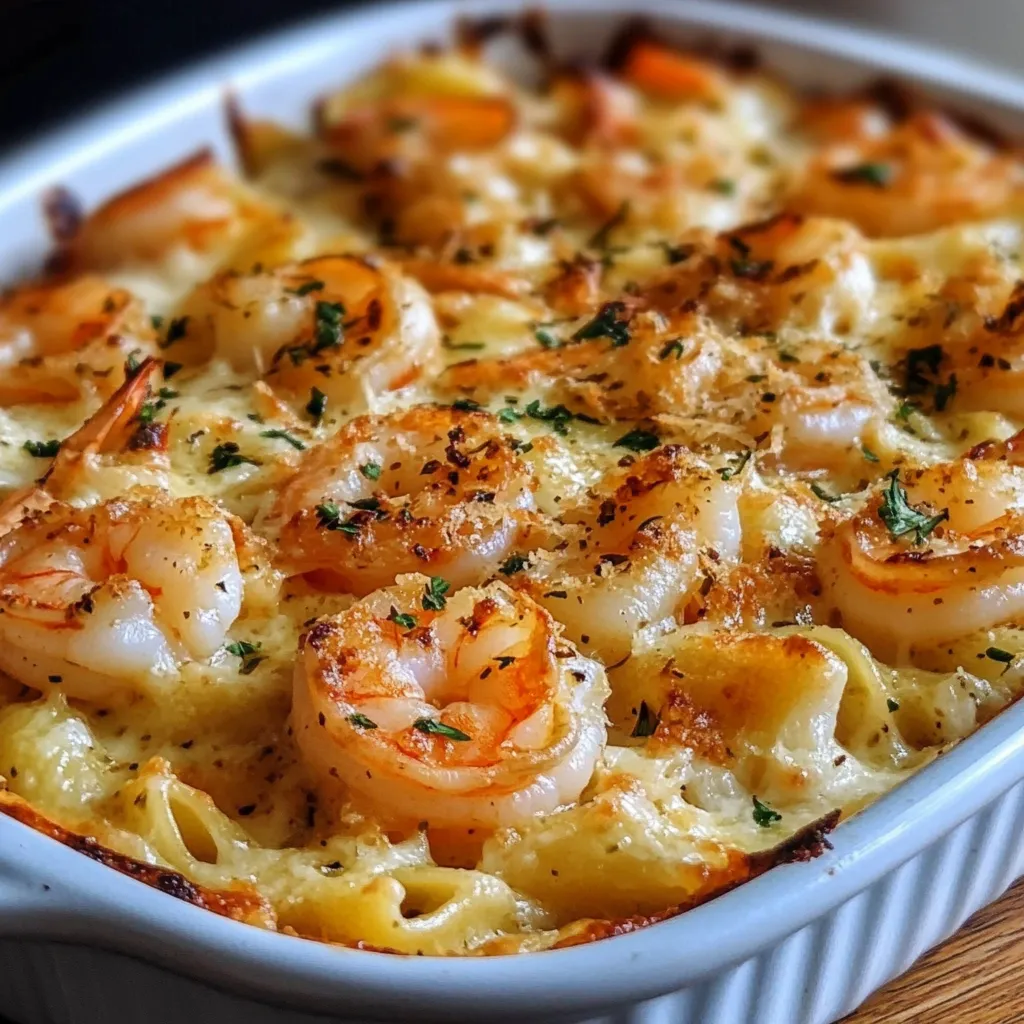 Cheesy Shrimp Scampi Pasta Bake with golden, bubbly mozzarella and fresh parsley, served in a baking dish.