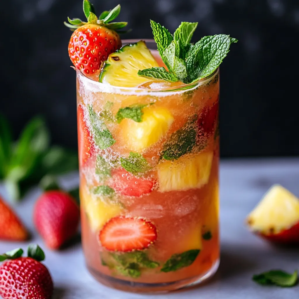 A refreshing Strawberry Pineapple Mojito served in a glass with fresh mint, strawberries, and pineapple chunks.