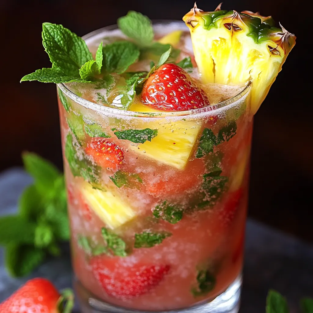 A refreshing Strawberry Pineapple Mojito served in a glass with fresh mint, strawberries, and pineapple chunks.