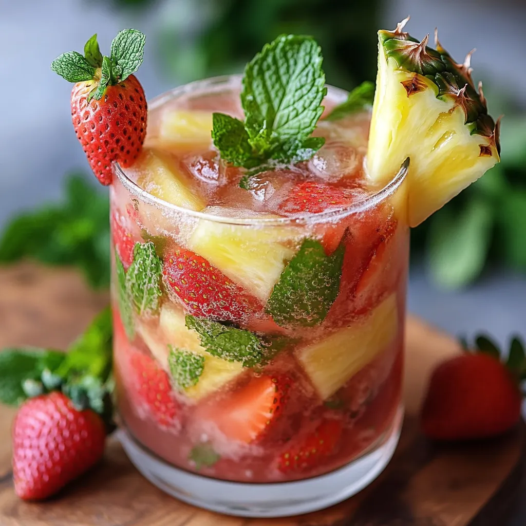 A refreshing Strawberry Pineapple Mojito served in a glass with fresh mint, strawberries, and pineapple chunks.