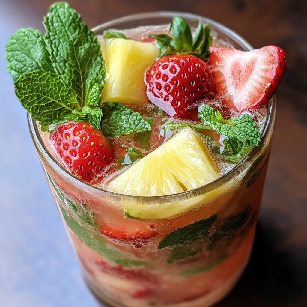 A refreshing Strawberry Pineapple Mojito served in a glass with fresh mint, strawberries, and pineapple chunks.