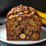 A freshly baked loaf of super moist banana bread, golden brown and topped with chopped nuts, sitting on a wooden cutting board.