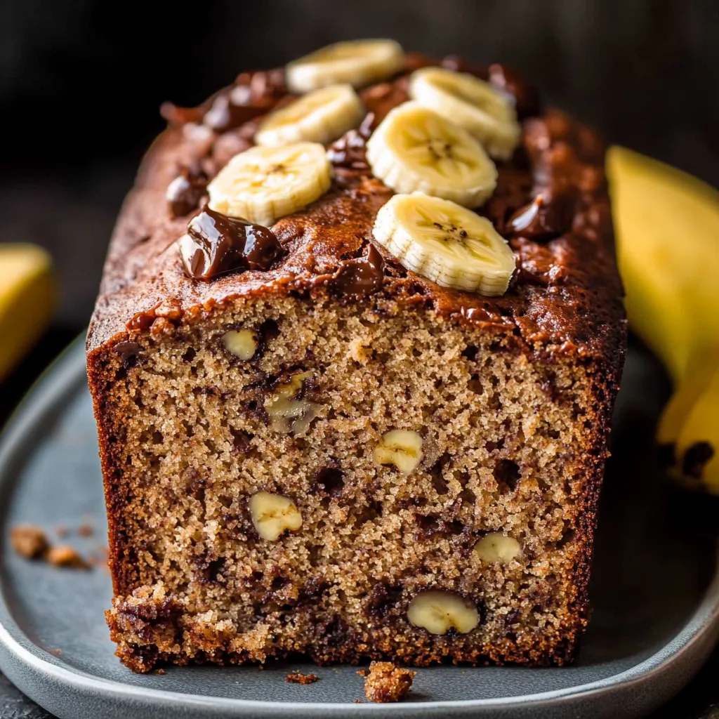 A freshly baked loaf of super moist banana bread, golden brown and topped with chopped nuts, sitting on a wooden cutting board.