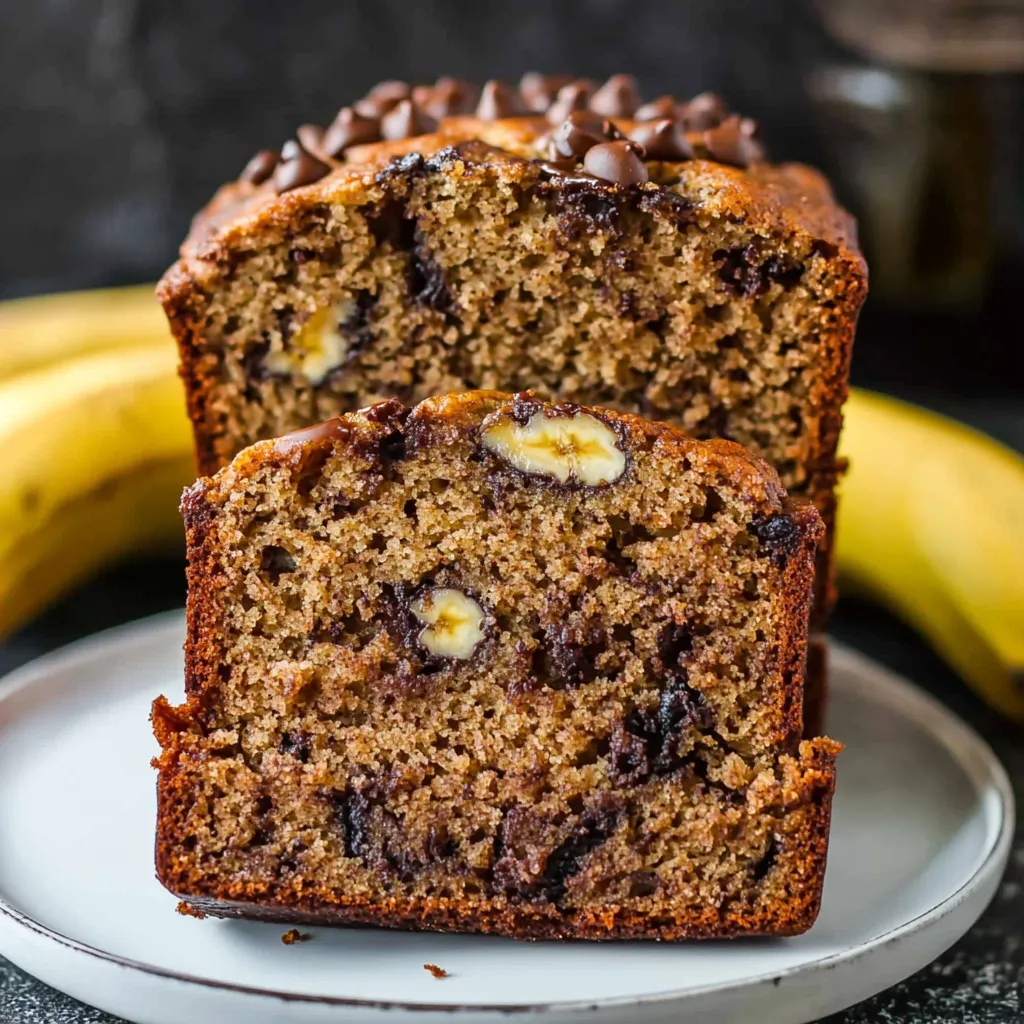 A freshly baked loaf of super moist banana bread, golden brown and topped with chopped nuts, sitting on a wooden cutting board.